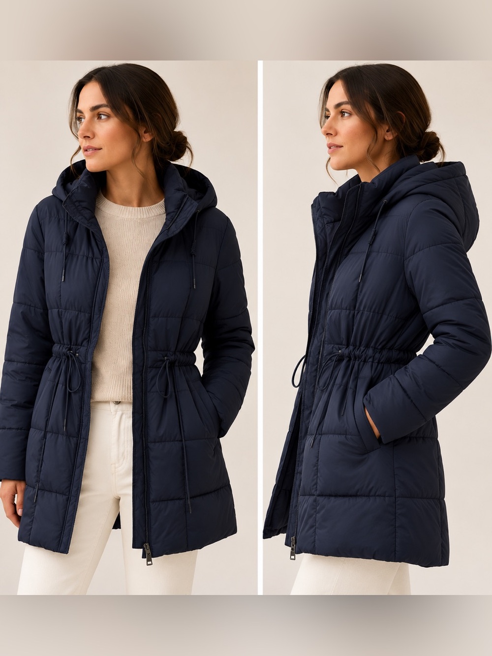 Rebecca Minkoff Navy Hooded Quilted Drawcord Puffer Coat